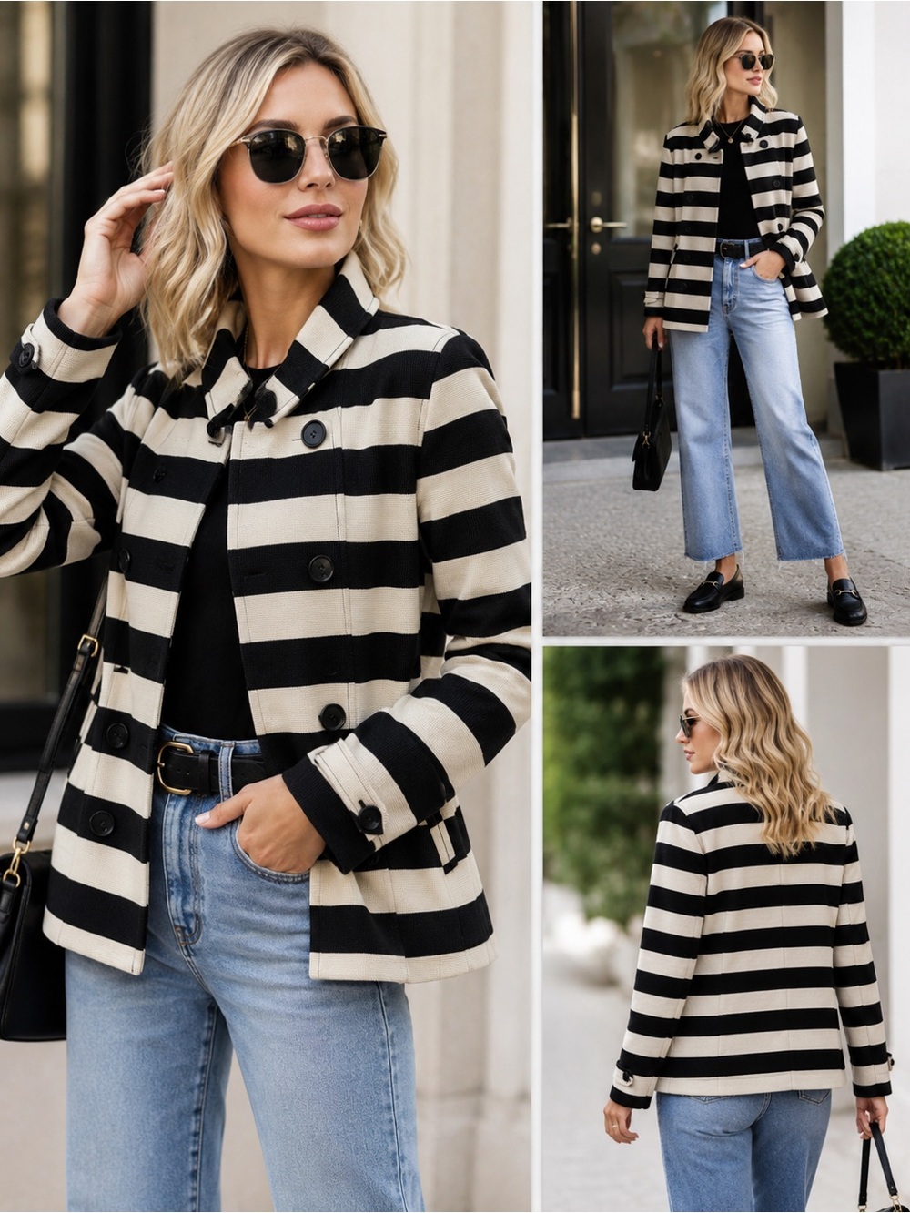 LOFT Black &Ivory Striped Double-Breasted Jacket Nautical Preppy Chic Size M NWT